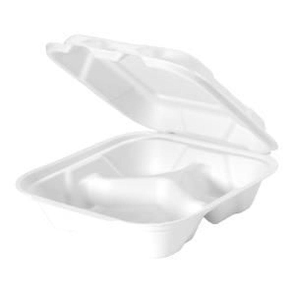 Harvest Natural White Molded Fiber Compostable Medium 3 Compartment Hinged Lid Container, 8.23 X 7.94 X 2.55 In -- 200 Per Case
