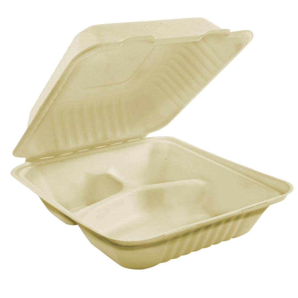 Table Accents 9 X 9 X 3 In Bagasse 3 Compartment Compostable Hinged Container, 100 Count - 2 Per Case