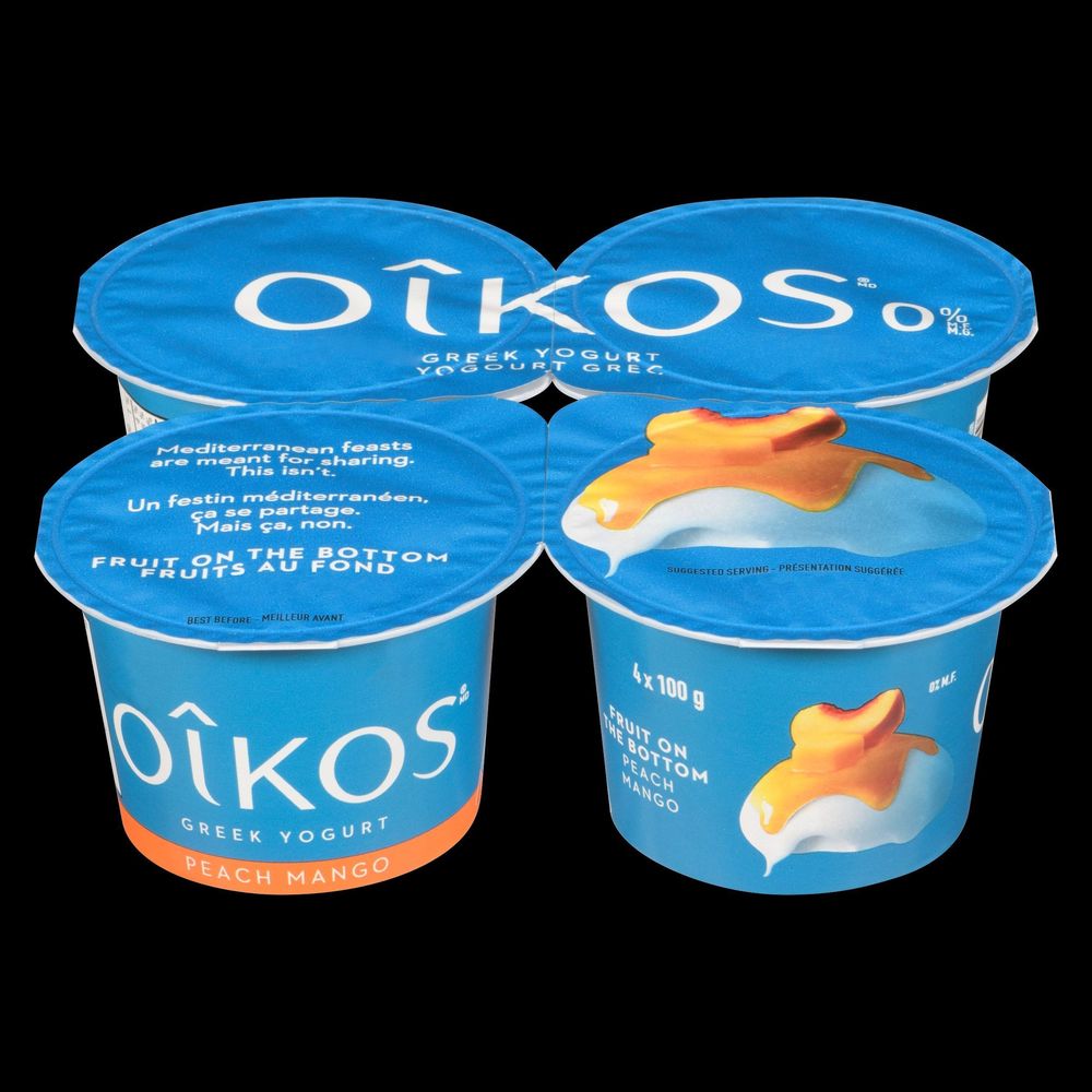 Oikos 0 Percent Milk Fat 100 G Peach Mango Greek Yogurt, 4 Count -- 6 Per Case