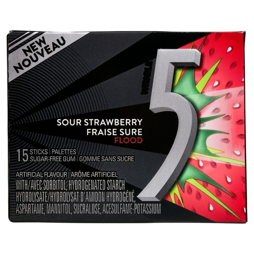 5 Gum Sour Strawberry Flood Sugar Free Chewing Gum, 15 Count -- 120 Per Case