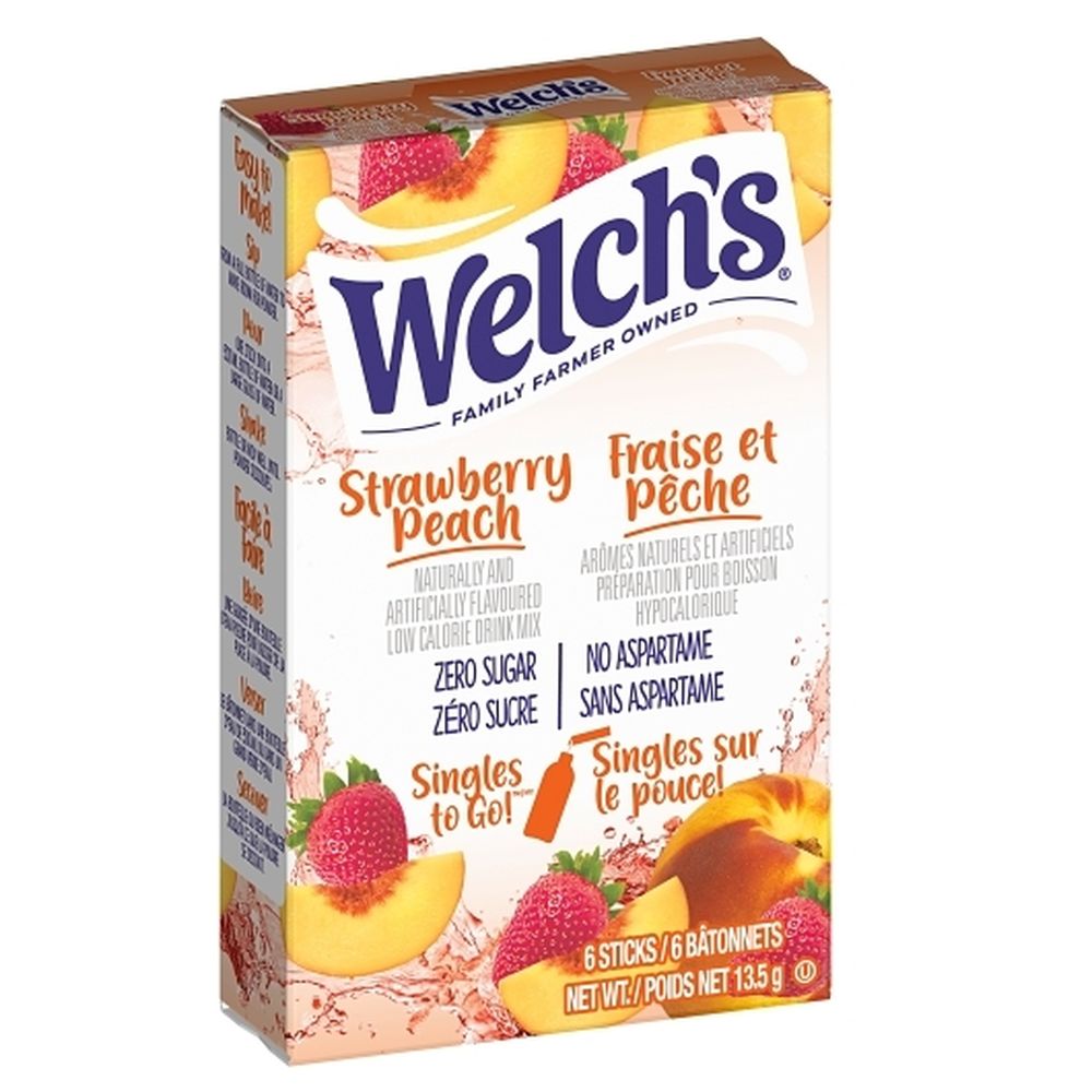 Welch's Préparation Pour Boisson Sans Sucre À La Fraise Et À La Pêche, 13,5 G – 12 Sachets Par Boîte