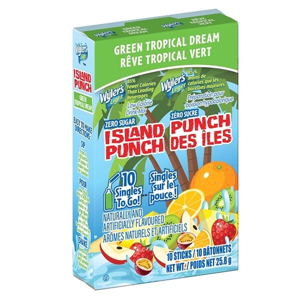 Wyler's Préparation Pour Boisson Punch Tropical Light Green Sans Sucre, 25,8 G – 12 Sachets Par Boîte