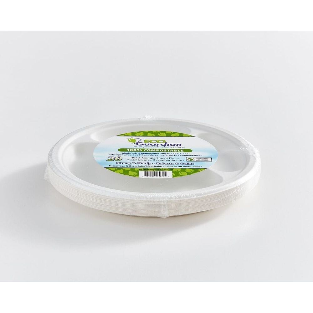 Eco Guardian 10 In Compostable Bagasse Round 3-compartment Fibre Plate, 20 Count -- 240 Per Case