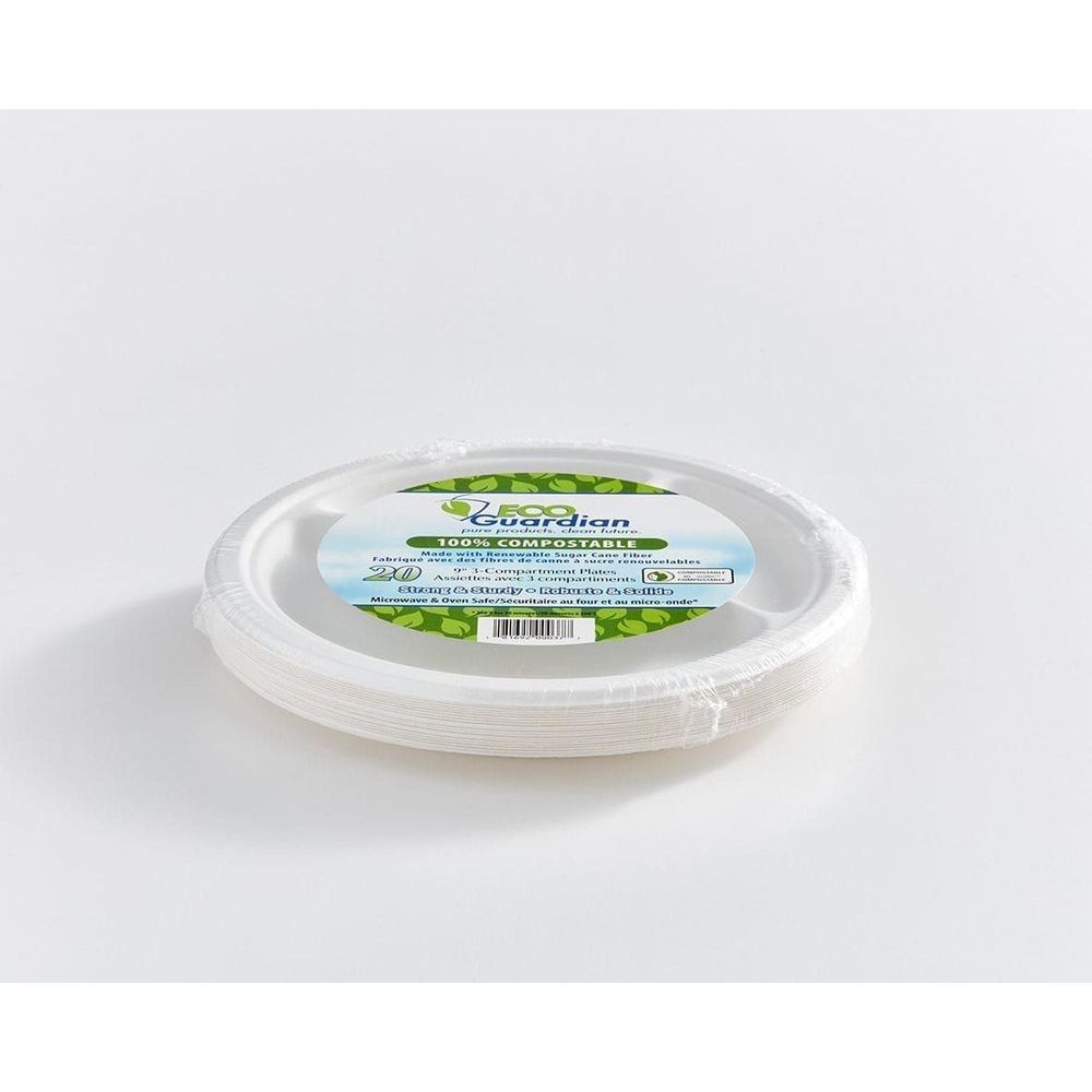 Eco Guardian 9 In Compostable Bagasse Round 3-comparment Fibre Plate, 20 Count -- 240 Per Case