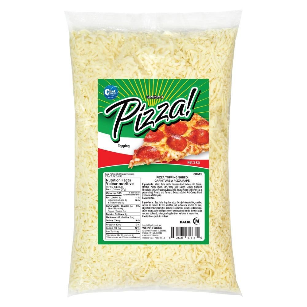Chef Nutri Shredded Mozzarella Style Pizza Topping, 2 Kg - 4 Per Case