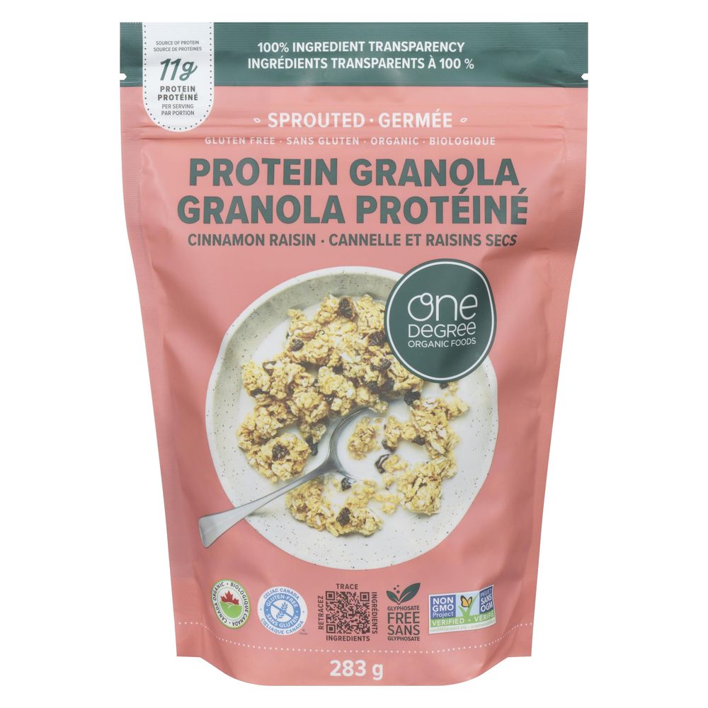 One Degree Organic Foods ,granola Protéinée Bio Sans Gluten Aux Raisins Et À La Cannelle Germés, 283 G