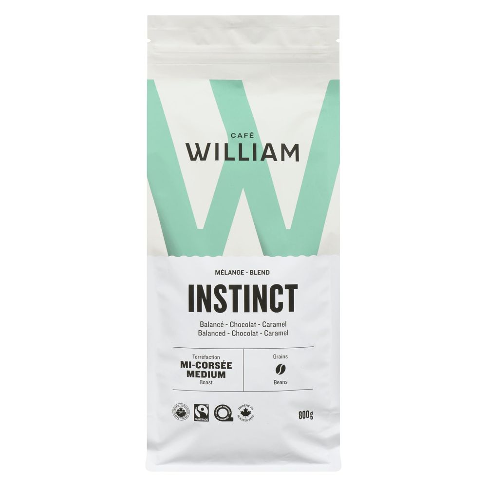 William Instinct Organic Medium Roast Whole Bean Coffee, 800 G -- 6 Per Case