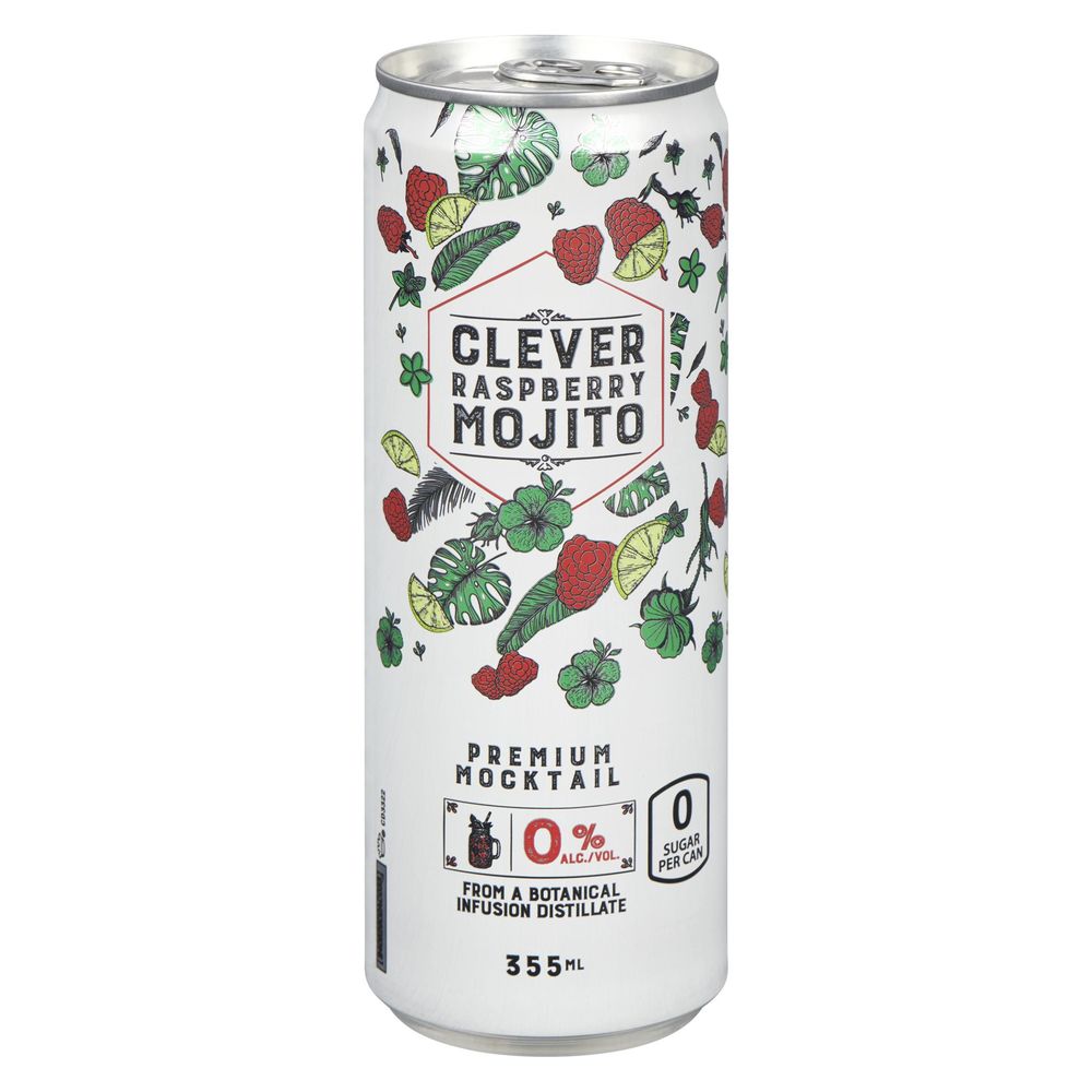 Clever Mocktail Sugar Free Non-alcoholic Raspberry Mojito, 355 Ml