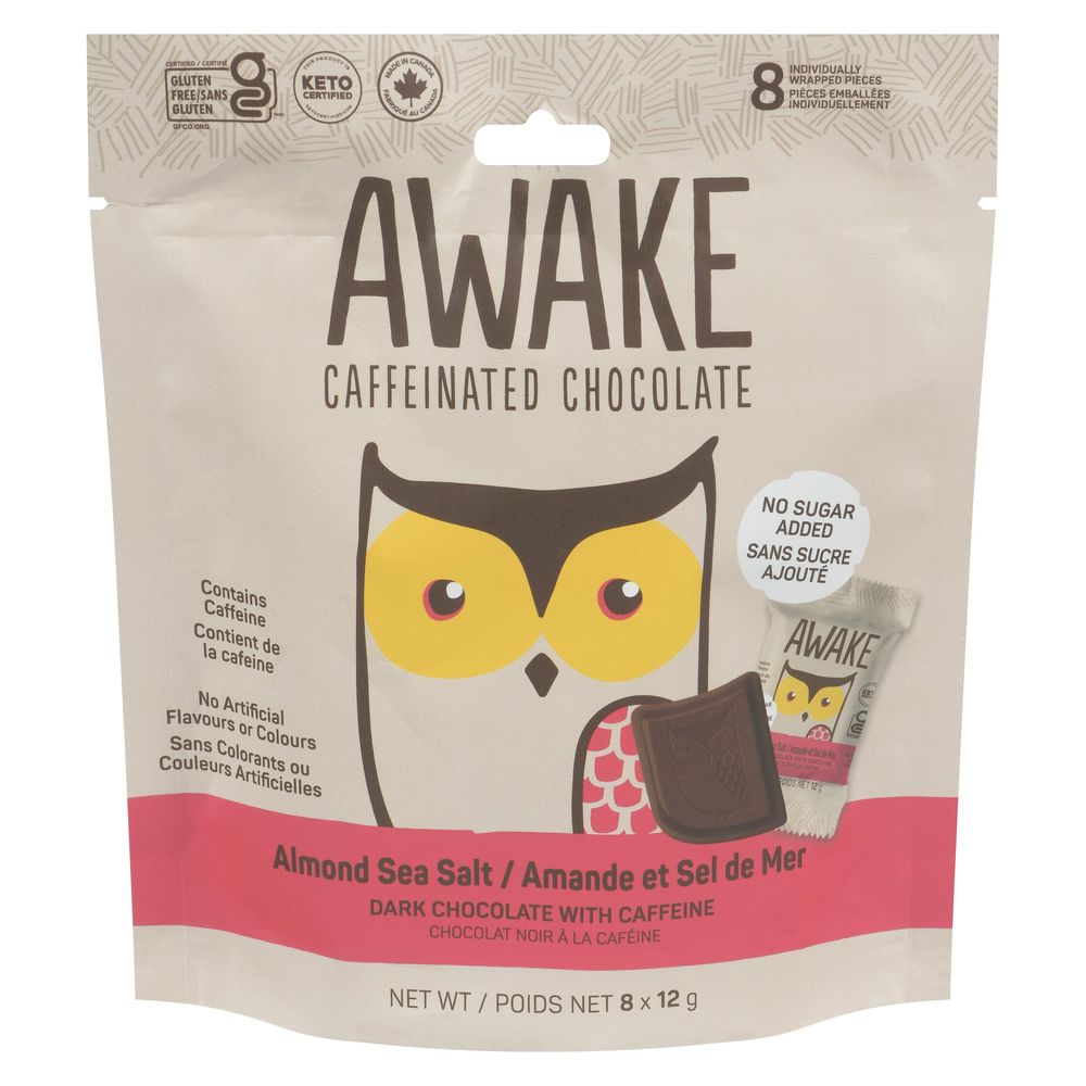 Awake Chocolate No Sugar Added Almond Sea Salt Caffeinated Dark Chocolate, 96 G