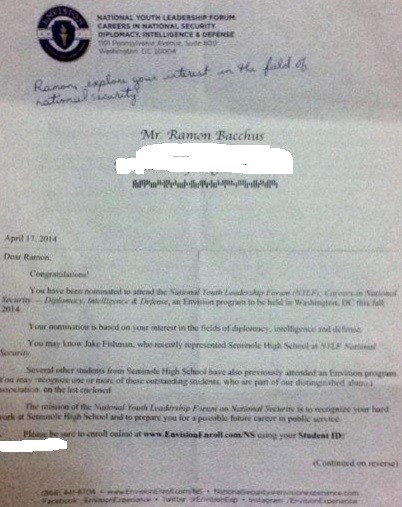 Letter From The Envision National Youth Leadership Forum Careers in National Security:Diplomacy, Intelligence and Defense Nominating Ramon! Letter From The Envision National Youth Leadership Forum Careers in National Security:Diplomacy, Intelligence and Defense Nominating Ramon!