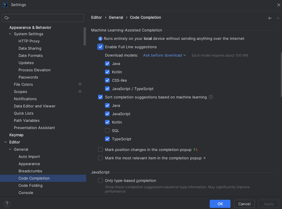 intellij full line code completion config