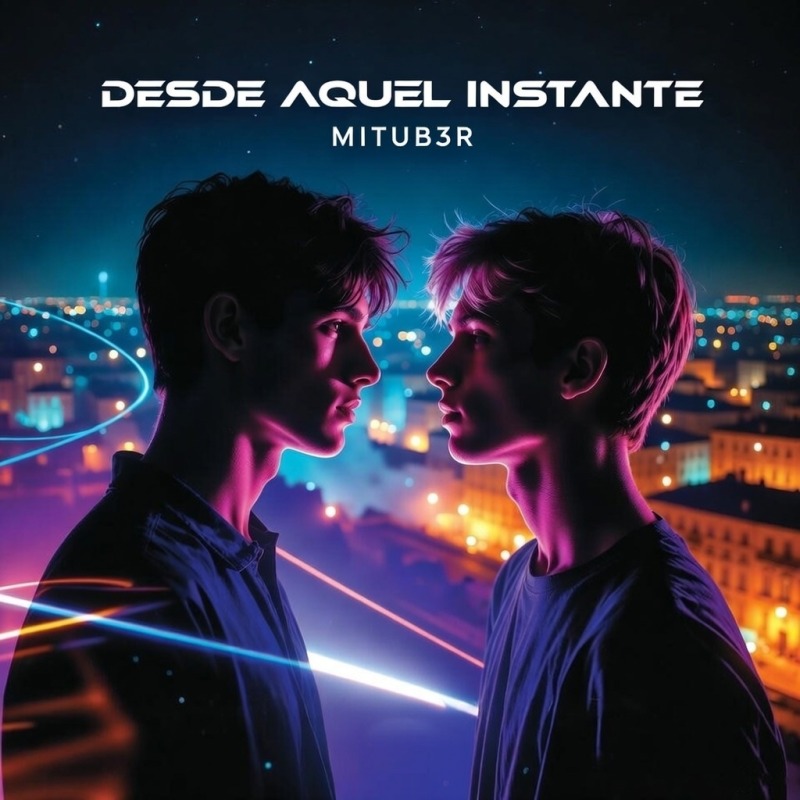 Carátula oficial del single 'Desde Aquel Instante' de MITUB3R, con dos figuras humanas con luces neón en un entorno nocturno urbano.