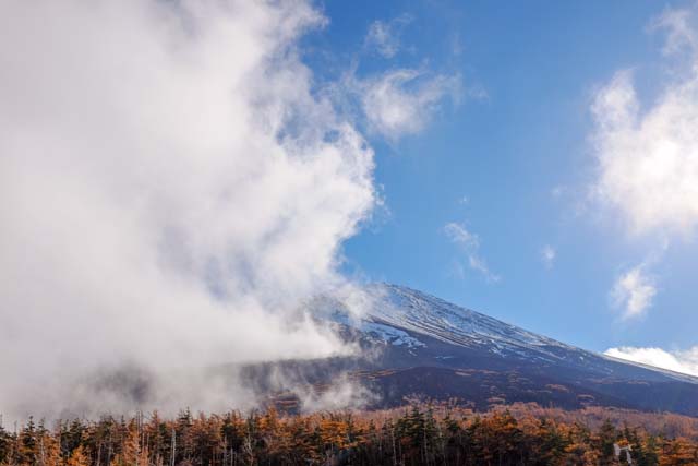 A picture of a snow-capped mountain partially covered by cloud against a blue sky