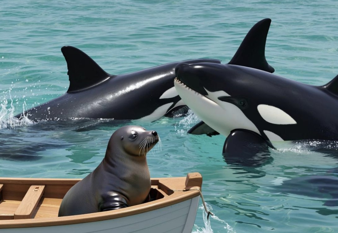 Harbor Seal Uses Photographer's Boat in Salish Sea to Evade Pod of Eight Transient Orcas