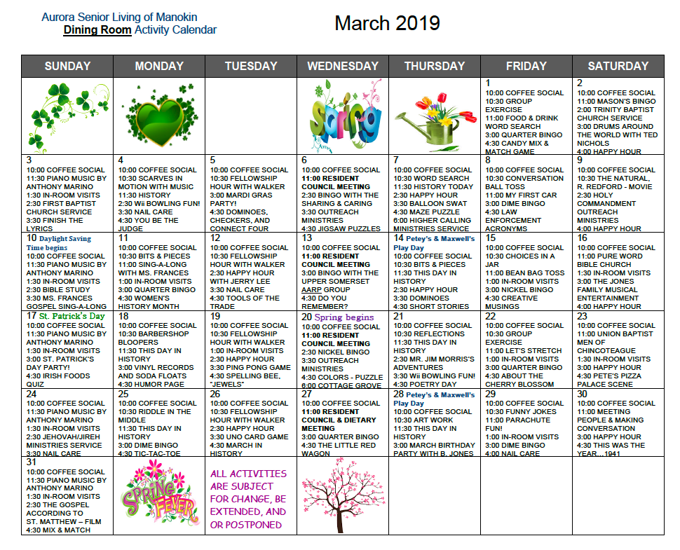 Dining Room March Calendar Aurora Senior Living Of Manokin