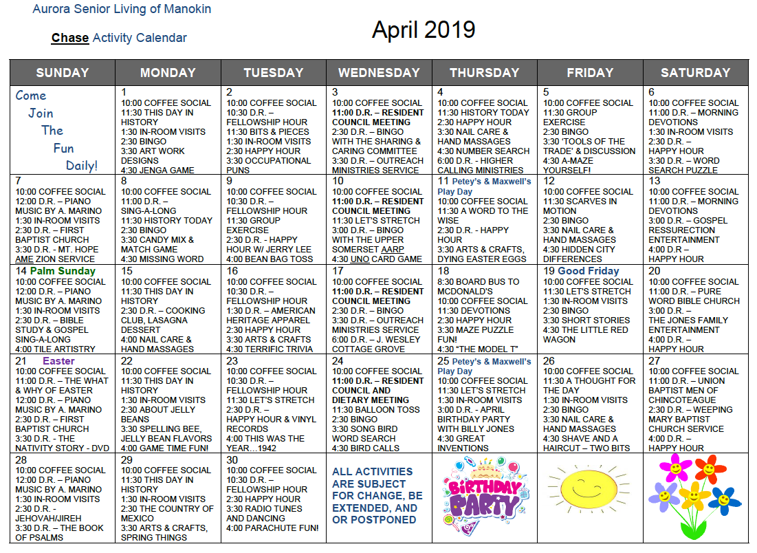 Aurora Chase April Calendar Aurora Senior Living Of Manokin