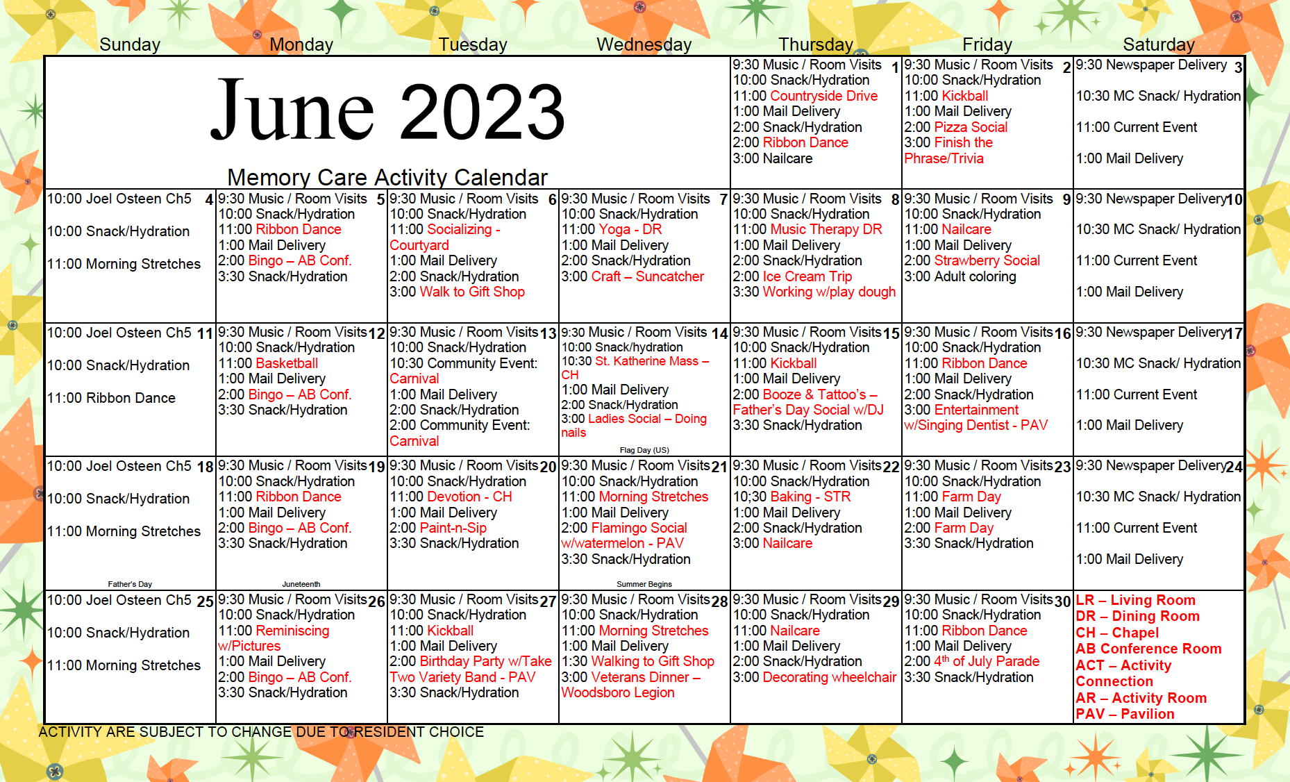 Activity Calendars - Citizens Care and Rehabilitation Center of Frederick