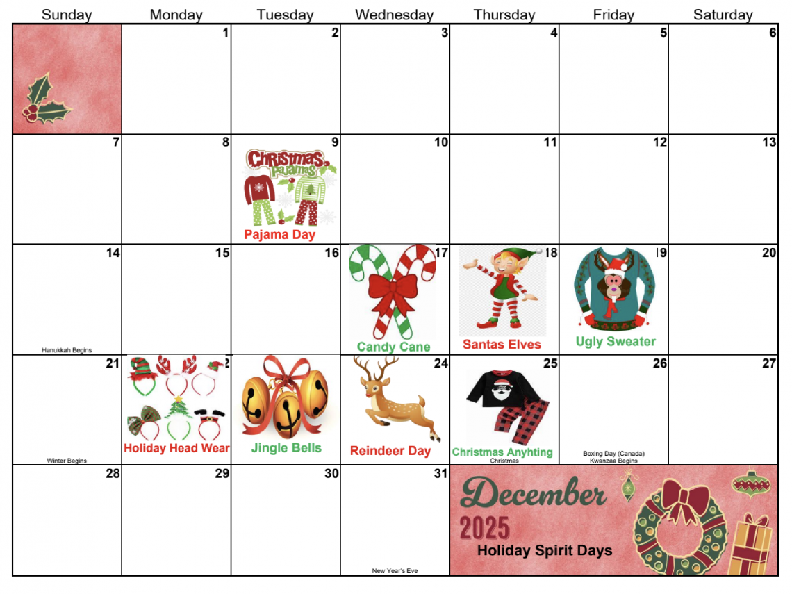 Holiday Dress Up Day Calendar