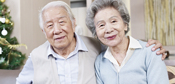 elderly couple smiling during christmas