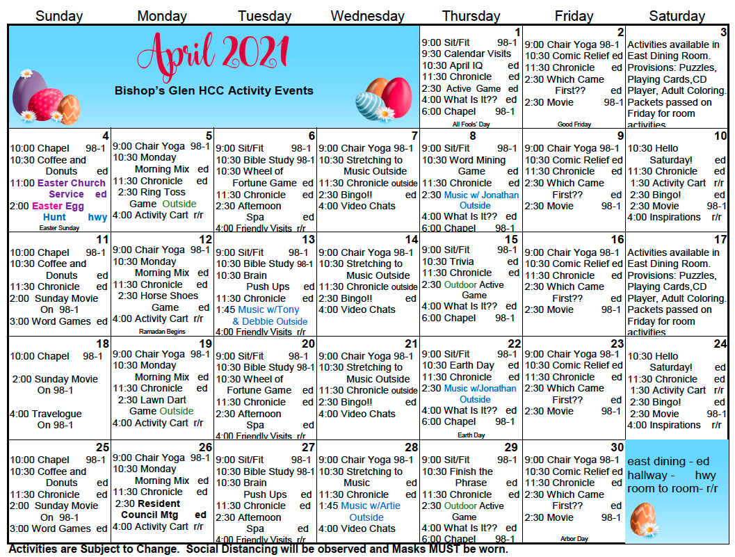Hcc 2022 Calendar Hcc April Calendar - Bishop's Glen Retirement Center