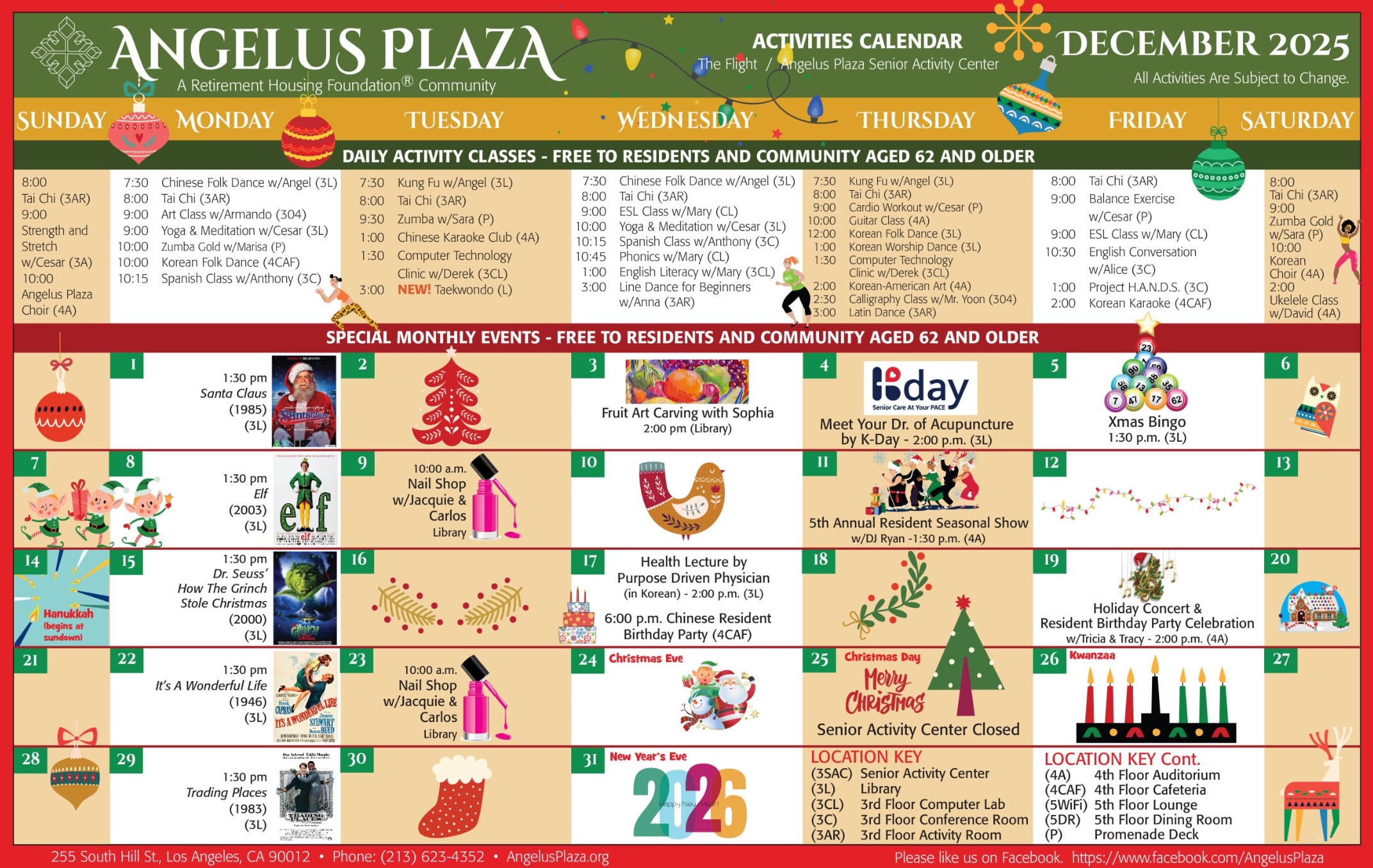 Angelus Plaza December activity calendar