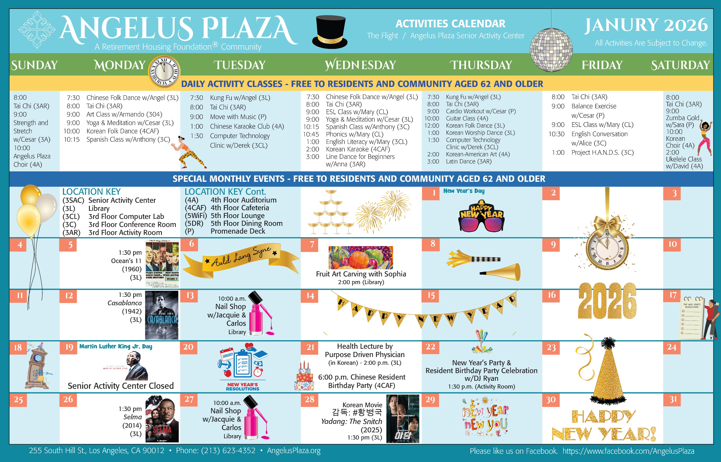 Angelus Plaza January Activity Calendar