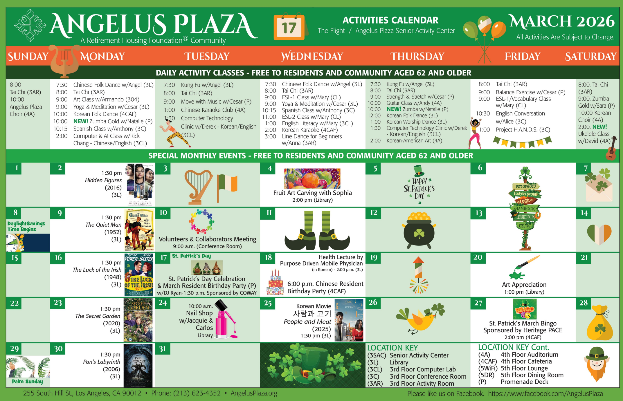 Angelus Plaza March Activity Calendar