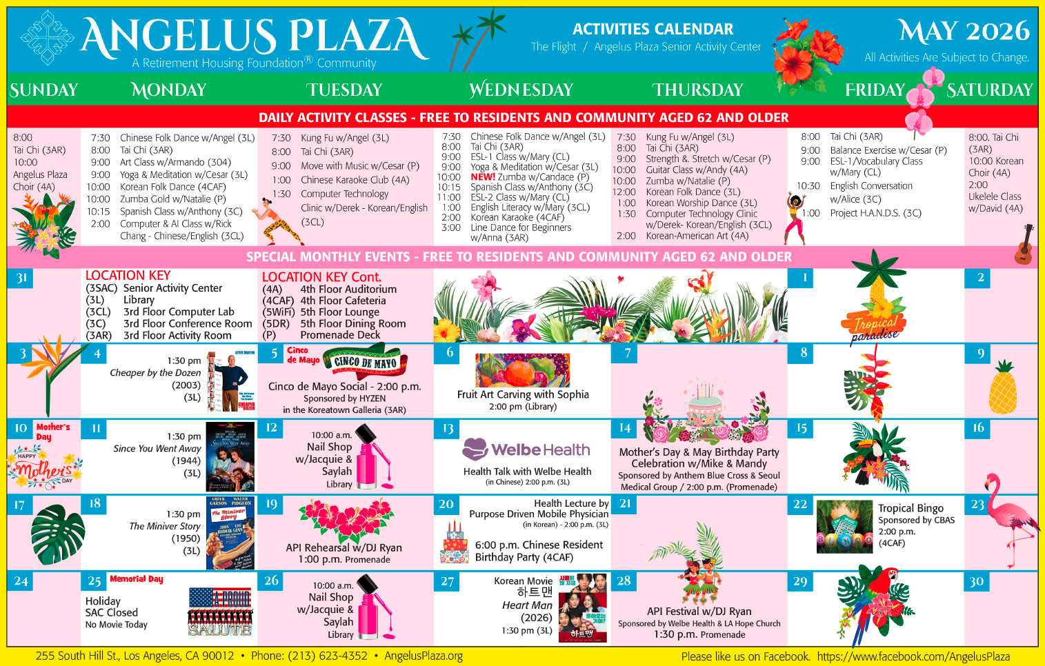 Angelus Plaza May activity calendar
