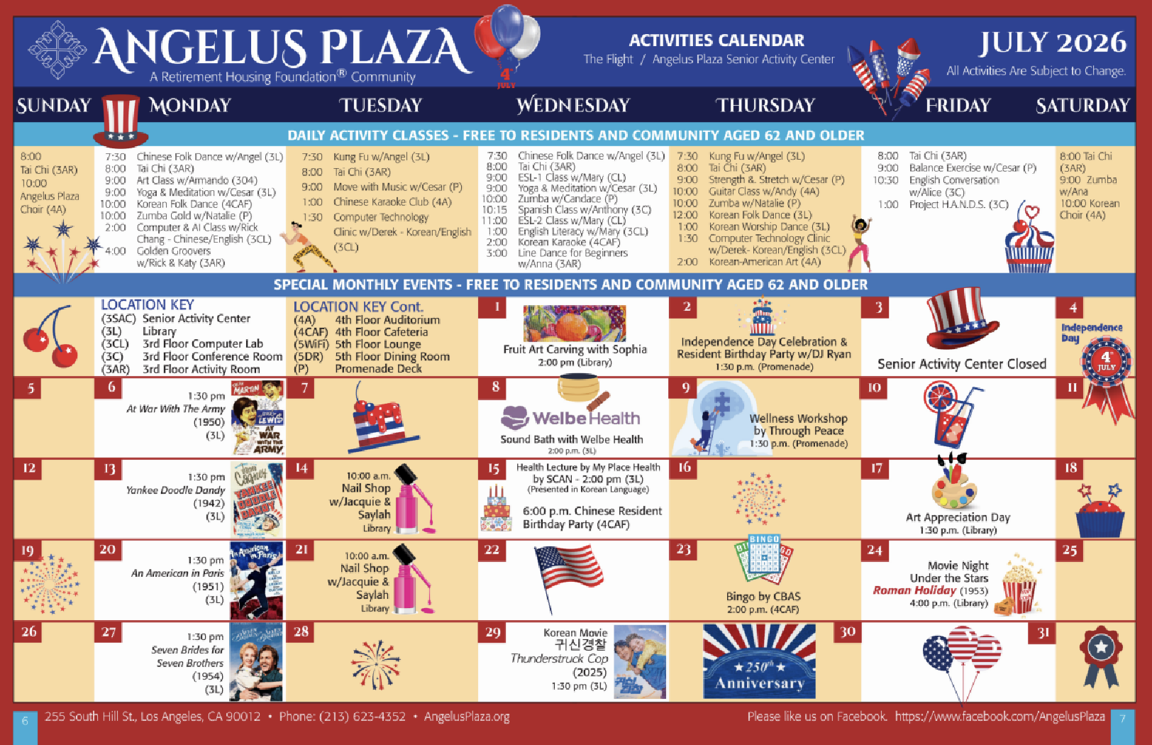 Angelus Plaza July Calendar
