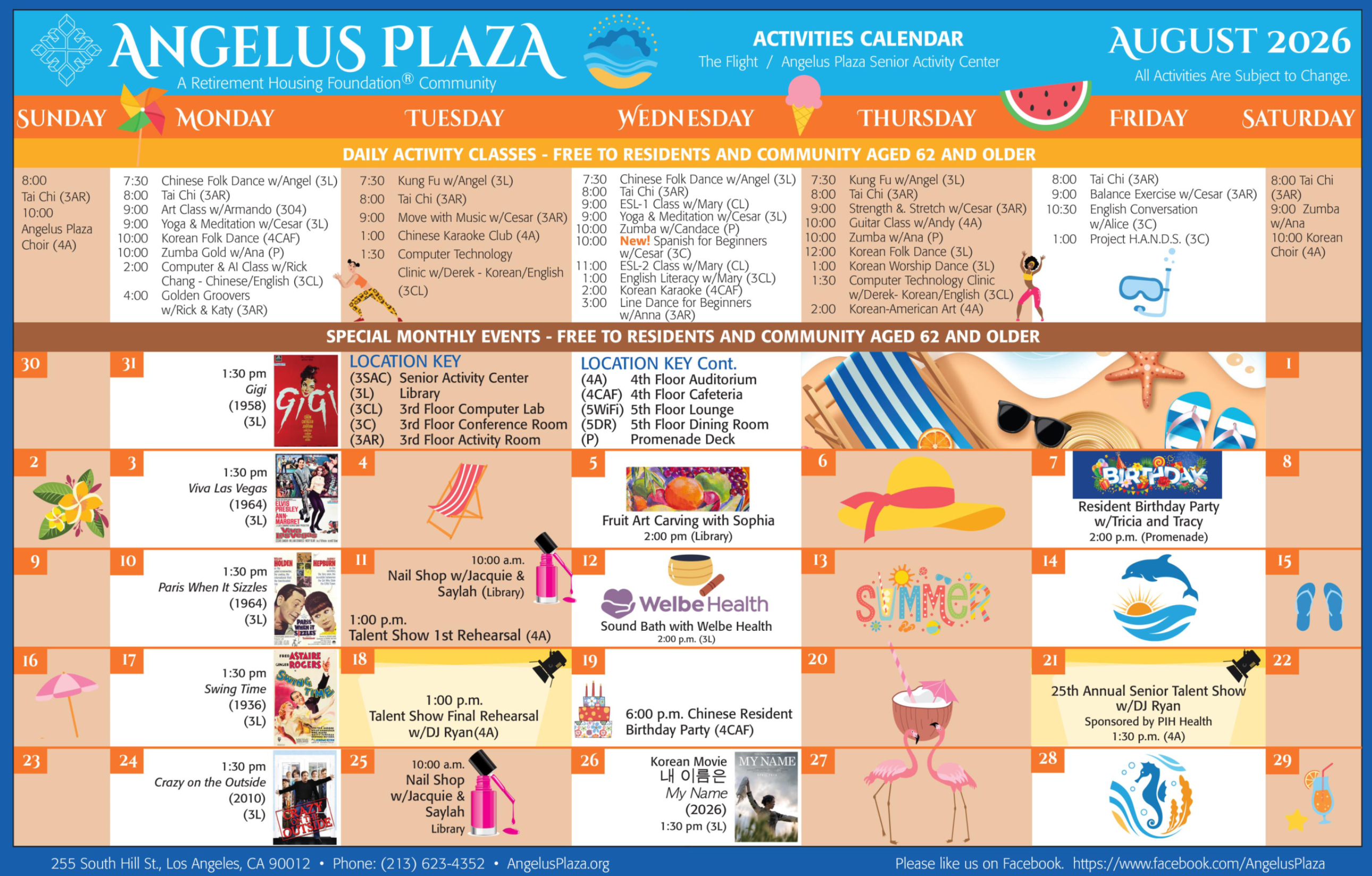 Angelus Plaza August 2026 Activities Calendar
