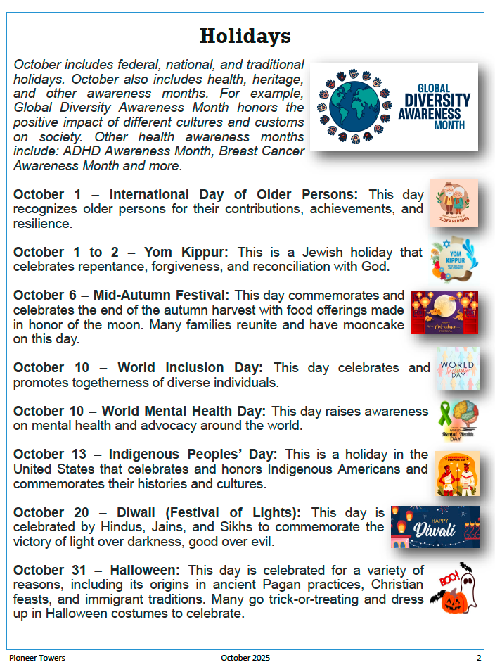 Pioneer Towers October Newsletter