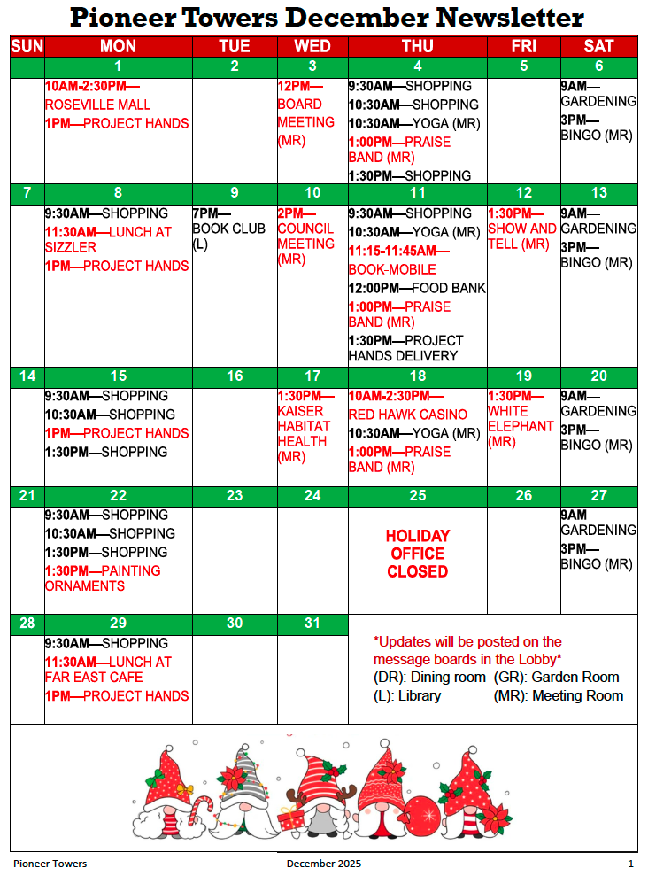 Pioneer Towers December Calendar