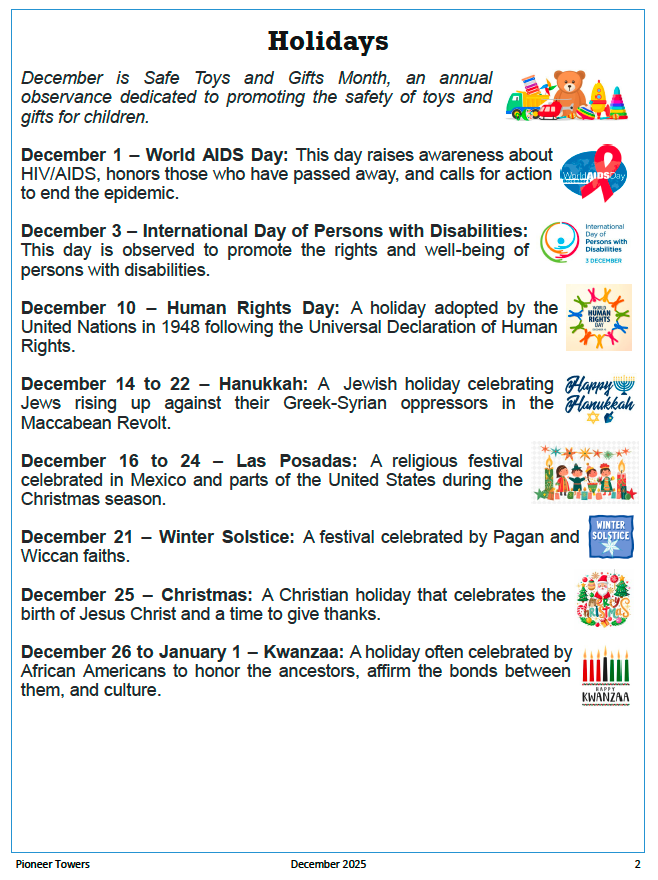 Pioneer Towers December Newsletter