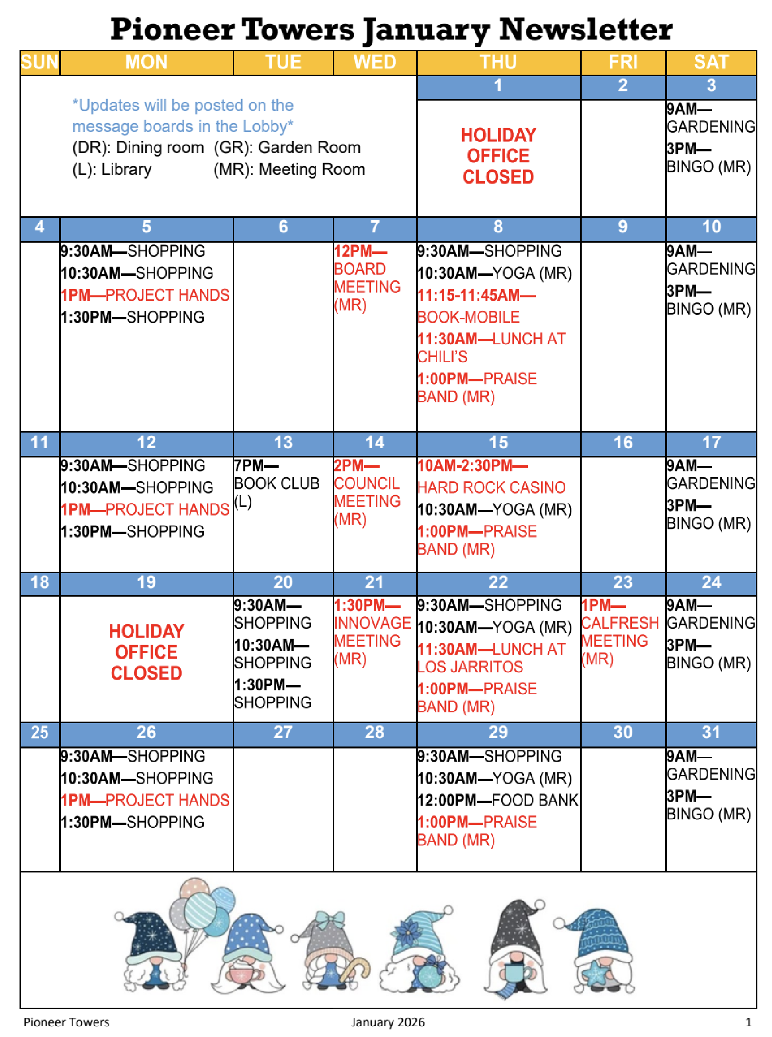 January activity calendar