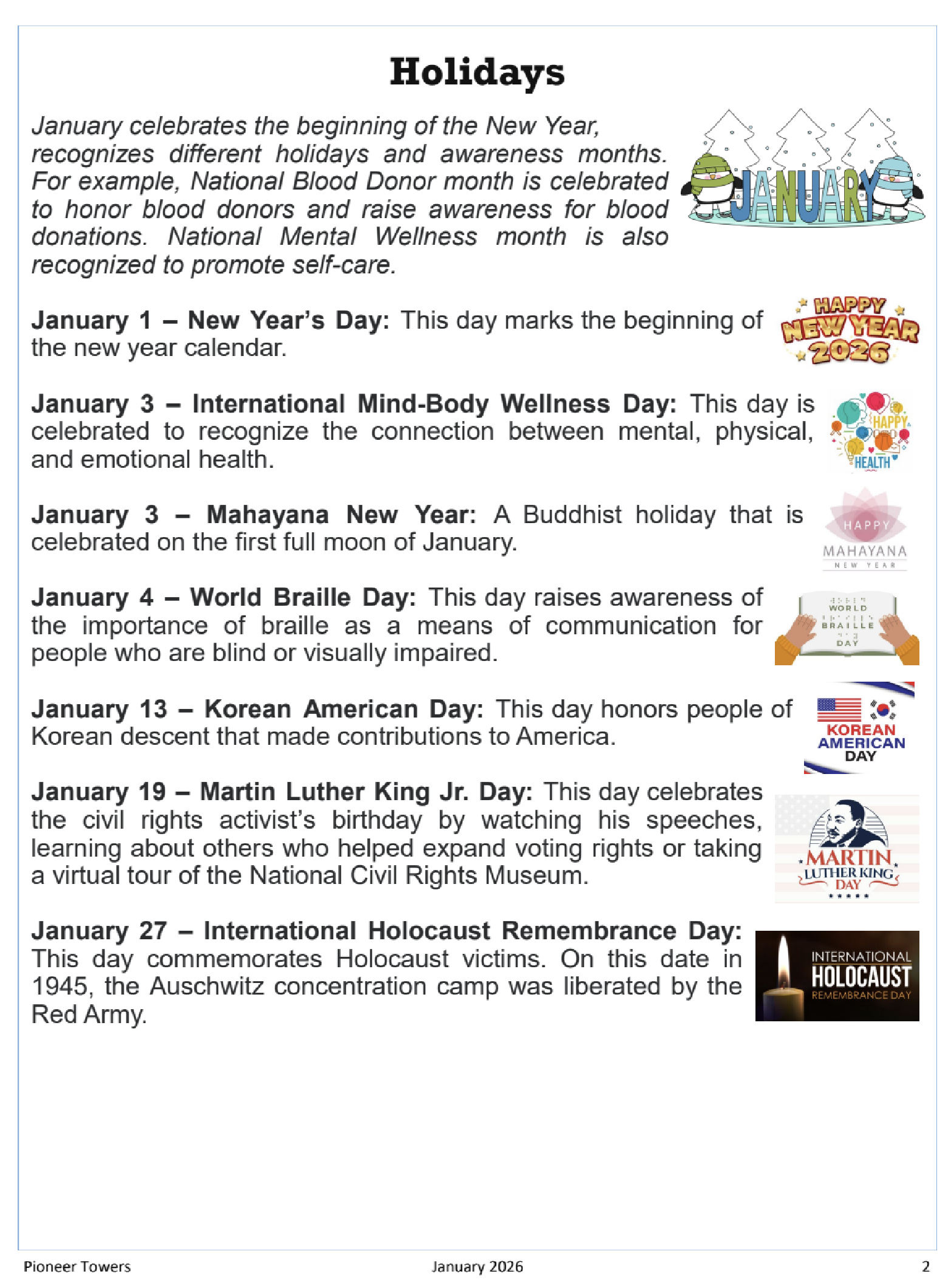 Holiday list for January