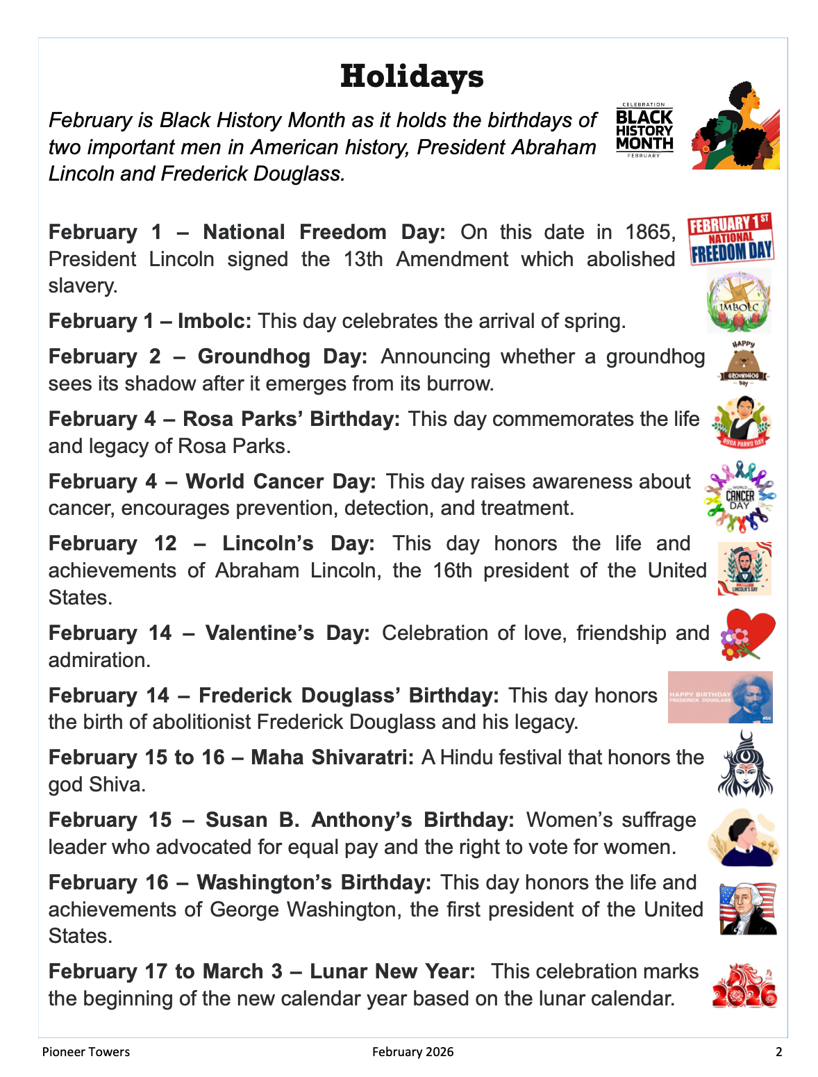 Pioneer Towers February Newsletter