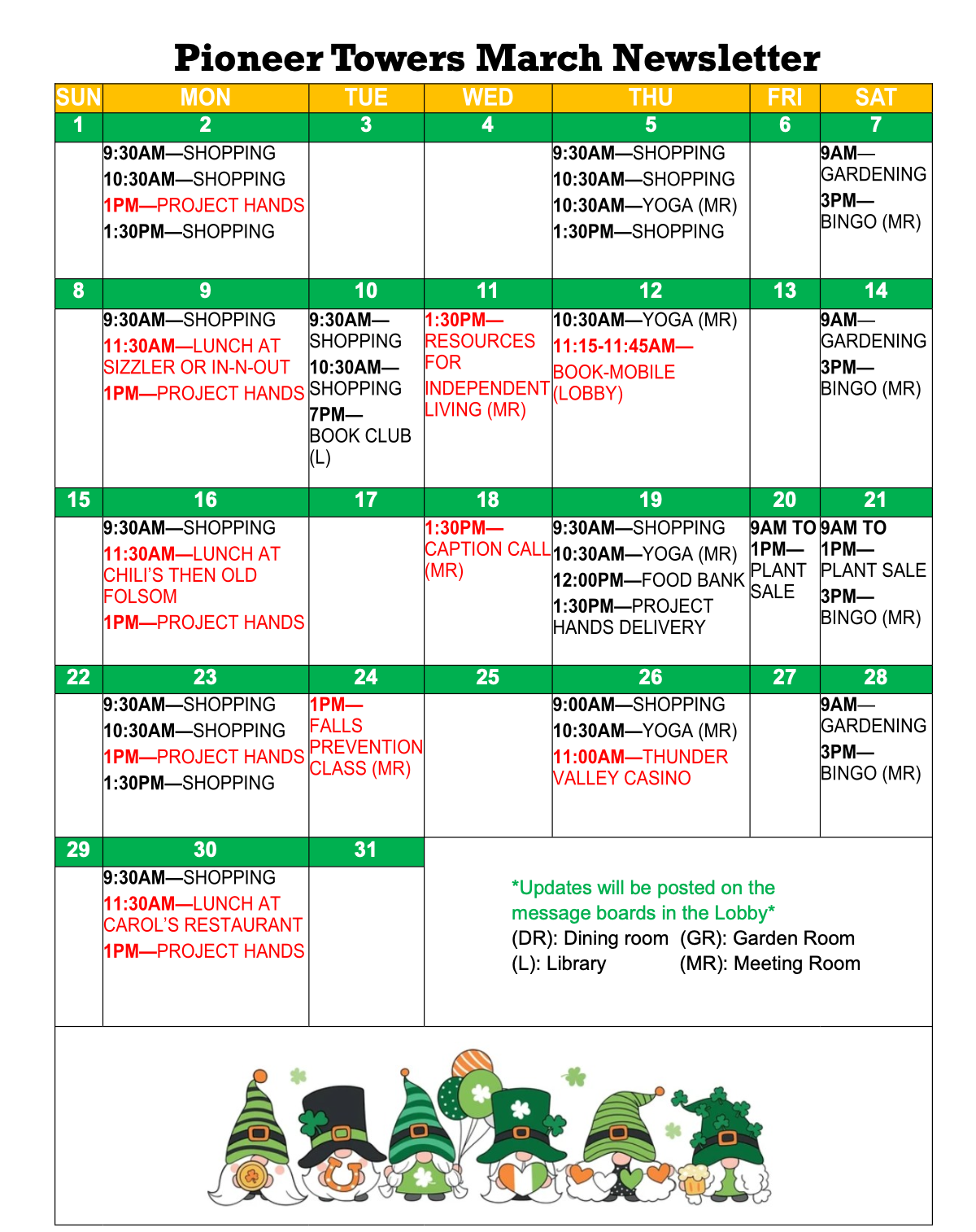 Pioneer Towers March 2026 Activity Calendar