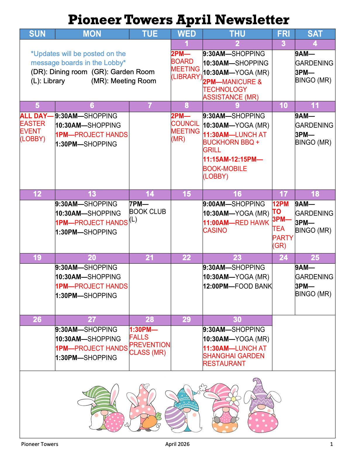 Pioneer Towers April 2026 Calendar