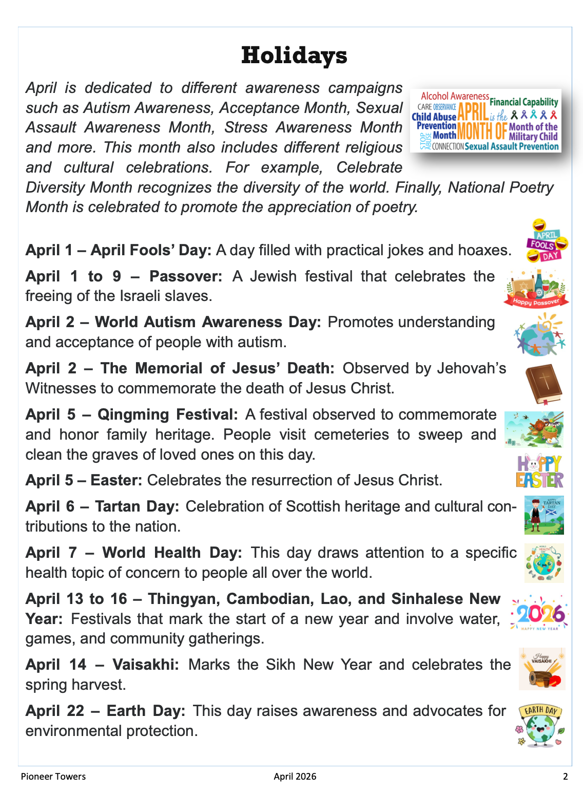 Pioneer Towers April 2026 Newsletter Holidays