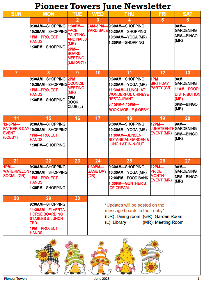 Pioneer Towers June calendar