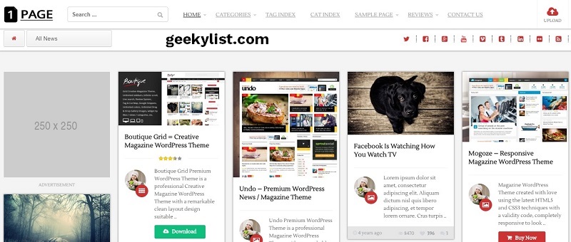 1Page – Pinterest Masonry WordPress theme - Geekylist.com