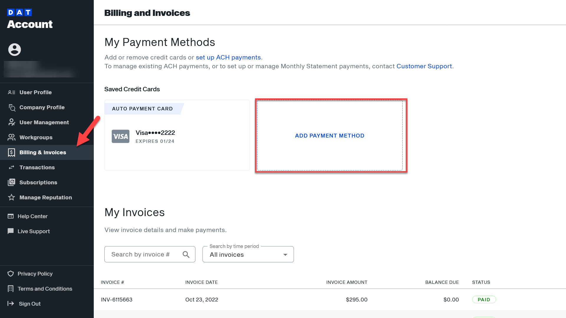 Update payment method to DAT One Help Center