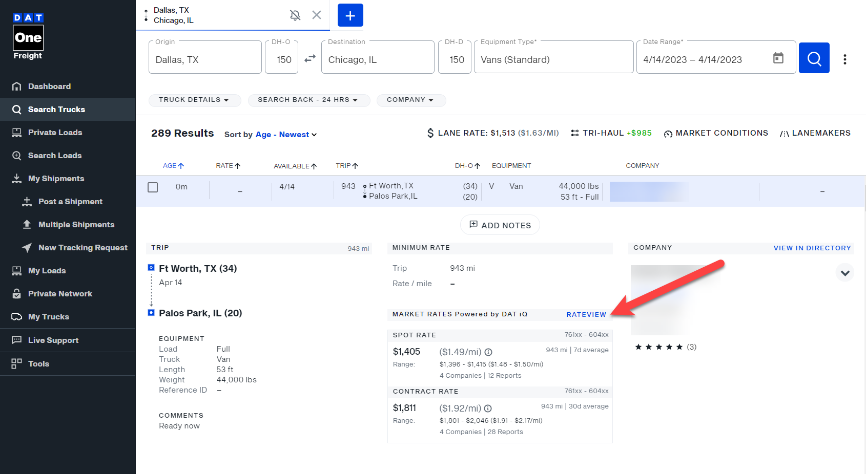 How to access Rateview from truck search results to DAT One