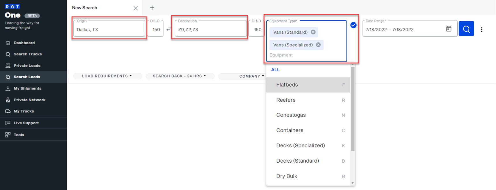 Find loads for sprinter vans, cargo vans, and box trucks on DAT One web