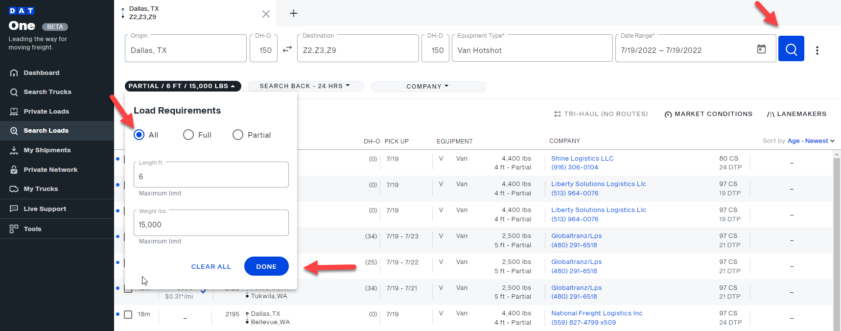 Find loads for sprinter vans, cargo vans, and box trucks on DAT One web