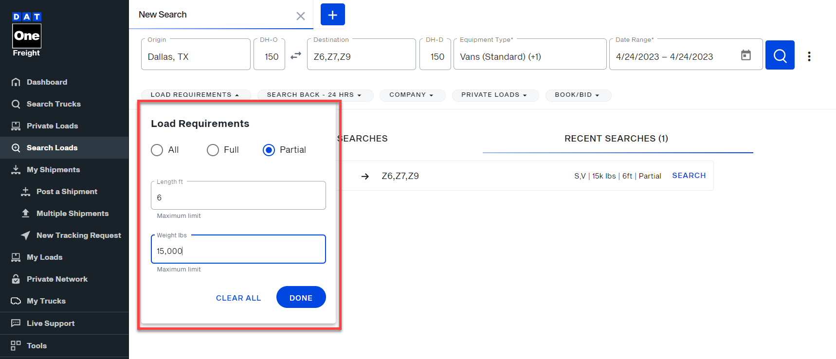 Find loads for sprinter vans, cargo vans, and box trucks on DAT One web
