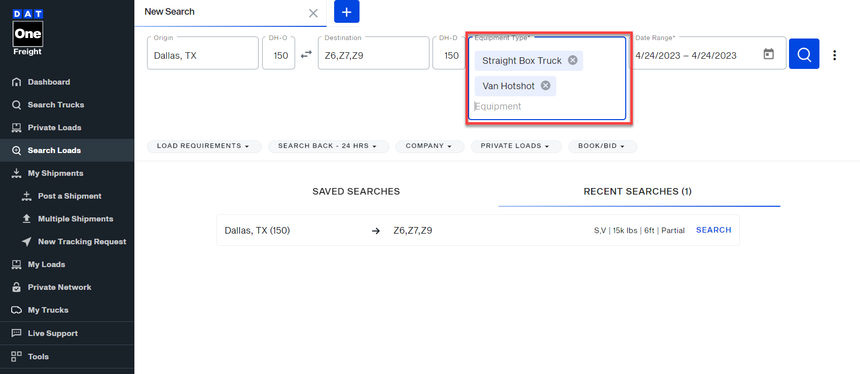 Find loads for sprinter vans, cargo vans, and box trucks on DAT One web