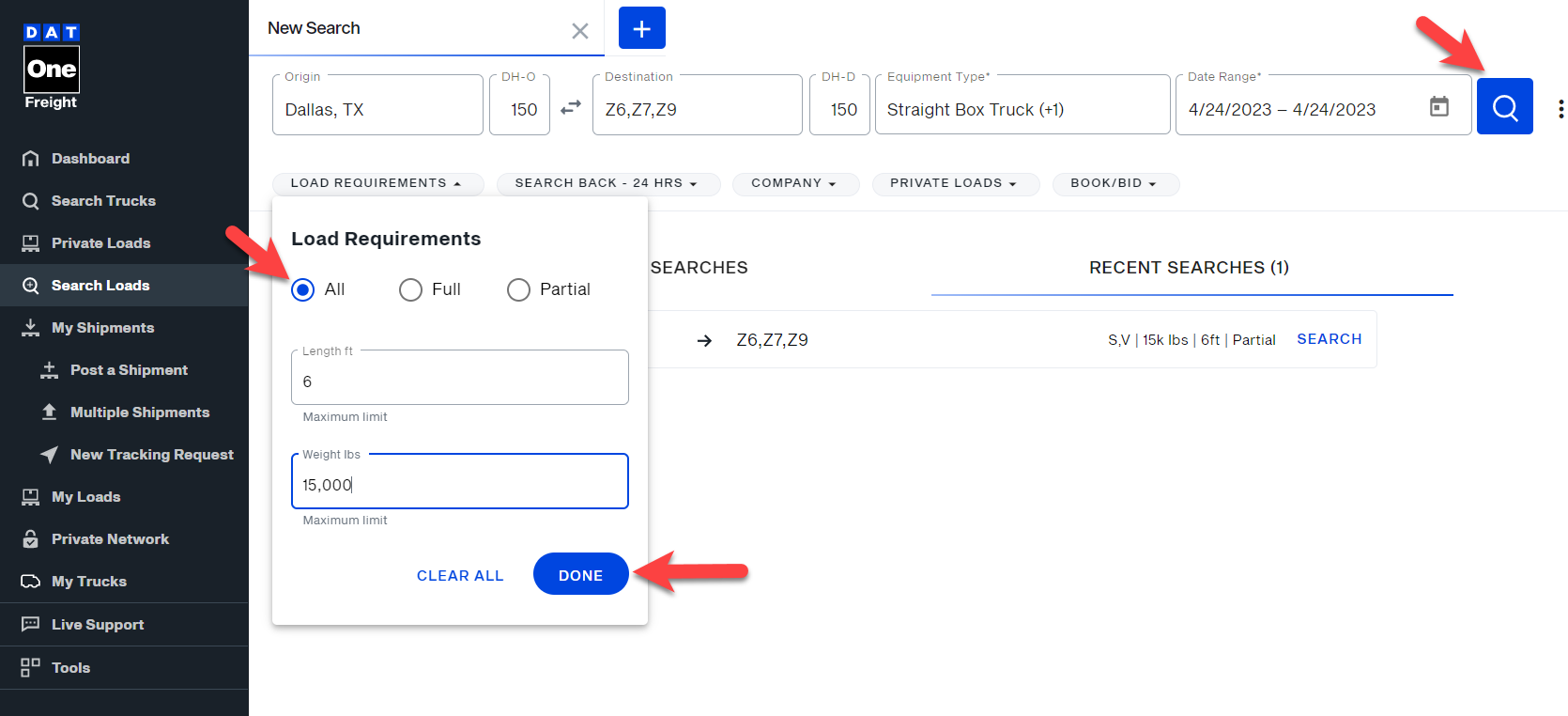 Find loads for sprinter vans, cargo vans, and box trucks on DAT One web