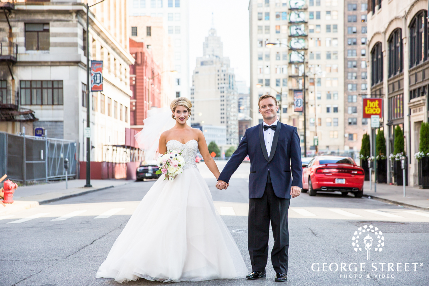 detroit skyline wedding bride and groom portrait