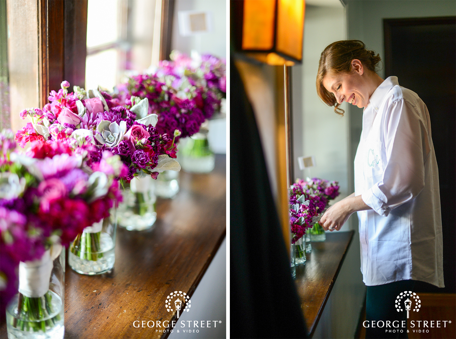 bride getting ready with bouquets